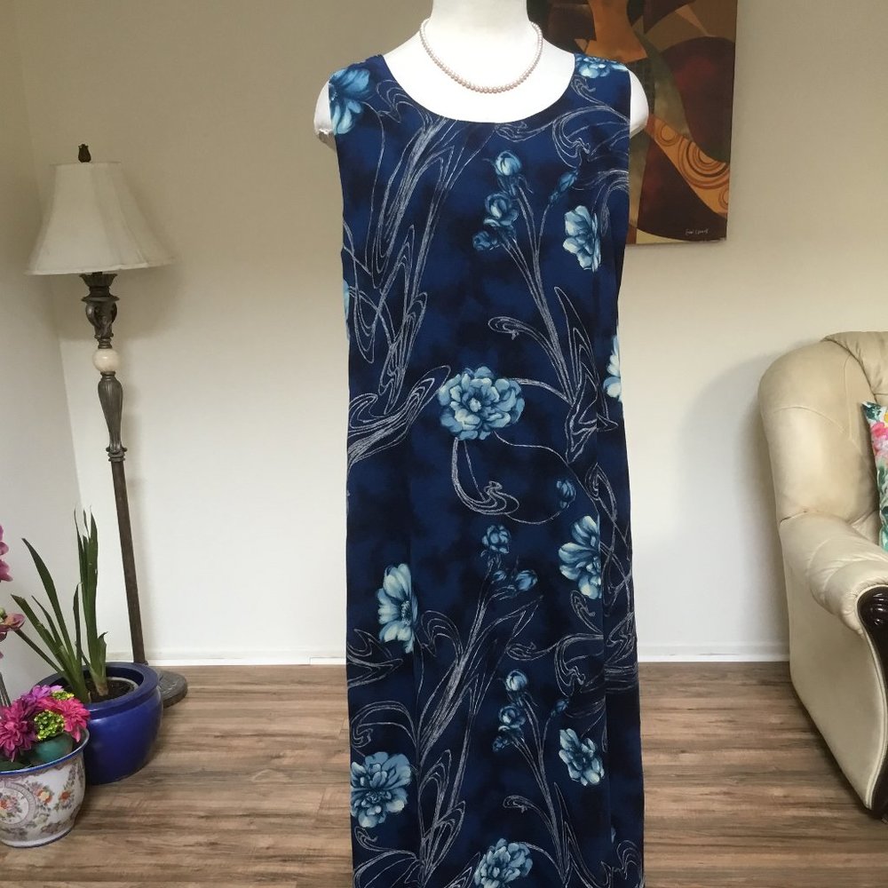 AVITAL Floral Print Long Dress Sleeveless Lined A- Line Slip On  Casual Blue  S